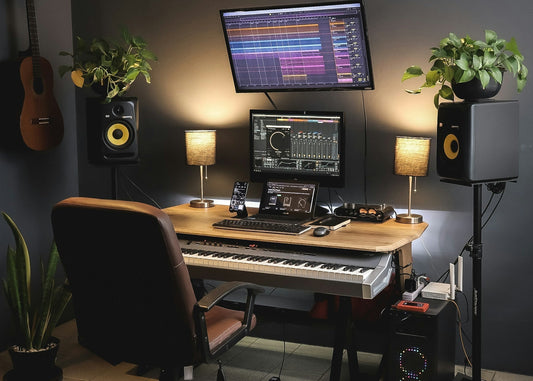 A aesthetic-looking music maker's desk setup with computers and monitor speakers