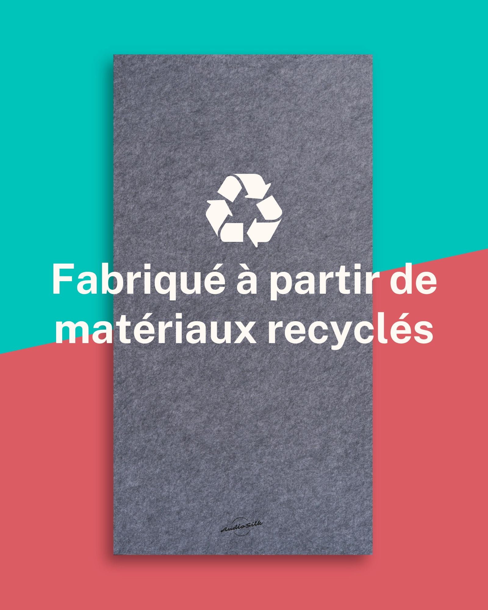 A French infographic showcasing that Audiosilk acoustic treatment panels are made from recycled materials